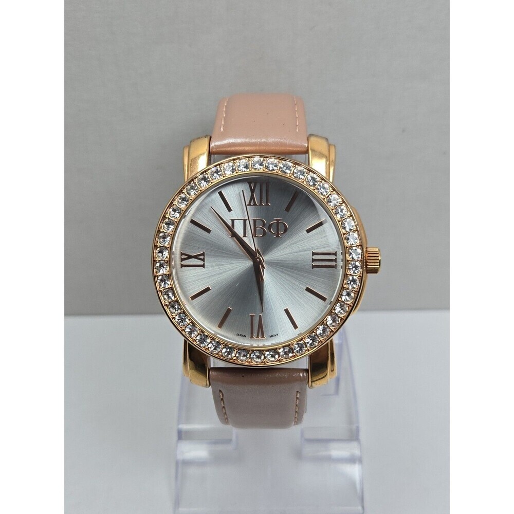 HJGreek Pi Beta Phi Sorority Watch Pink Rose Gold Tone Crystal Bezel New Battery